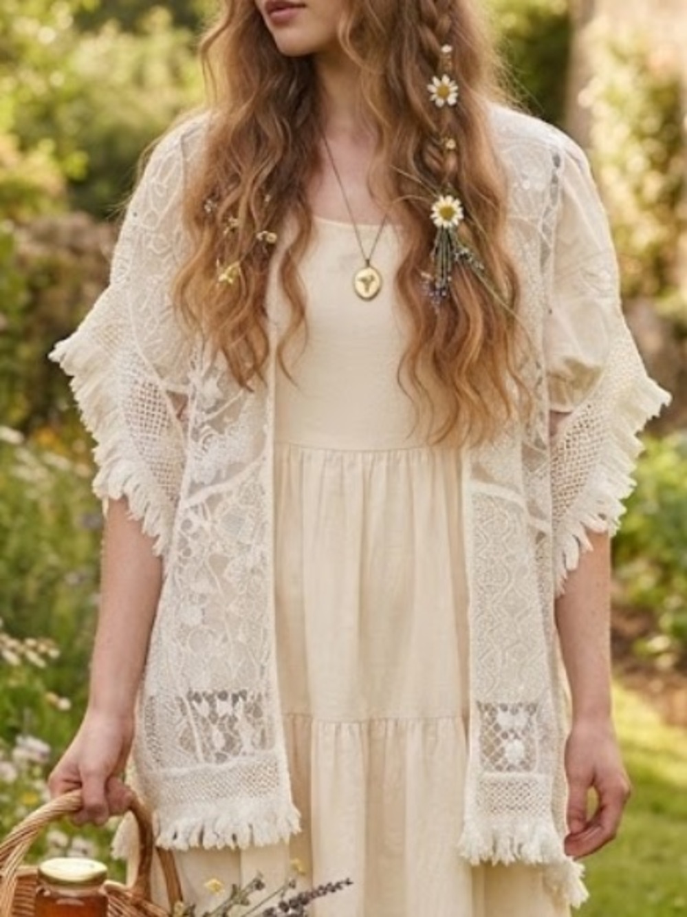 Curations Caravan White Boho Lace Crochet Fringed Kimono Cardigan S